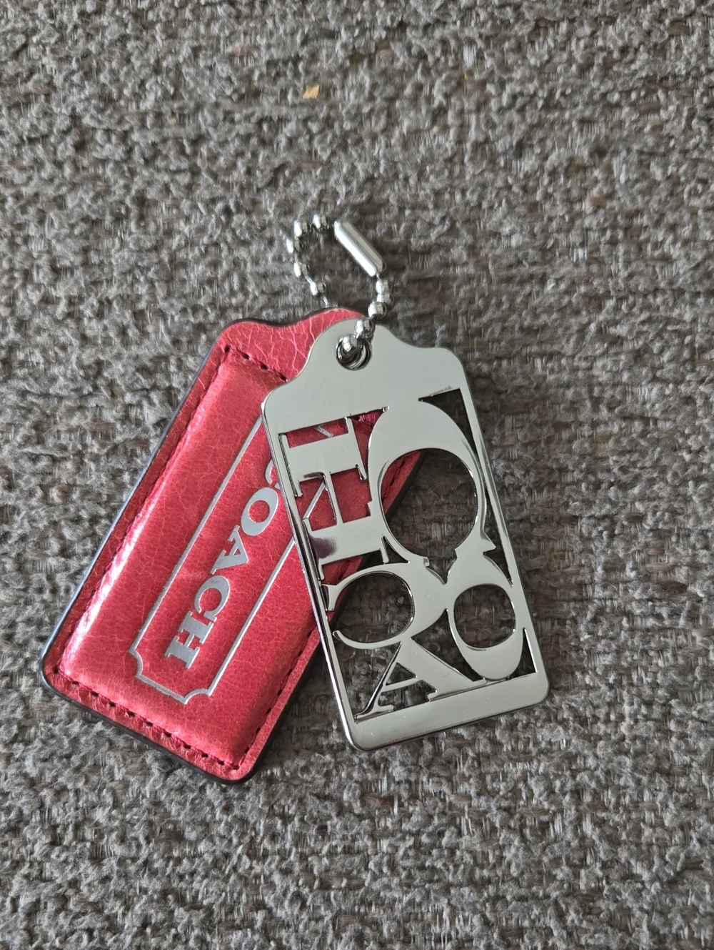 Coach Pink Leather Logo Keyring with Silver Tone Cutout Charm